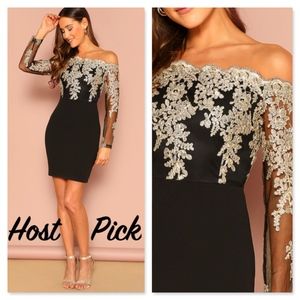 Gold Embroidered Mesh Bodice Black Bodycon Dress